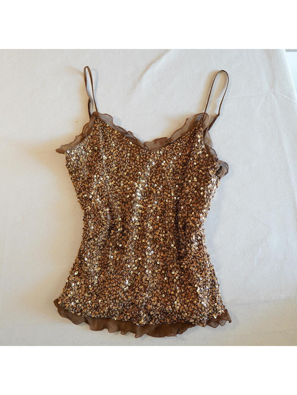 Y2K Beaded Sequin Silk Cami Brown Gold Ruffle Bling Festival Fairycore Grail 12
